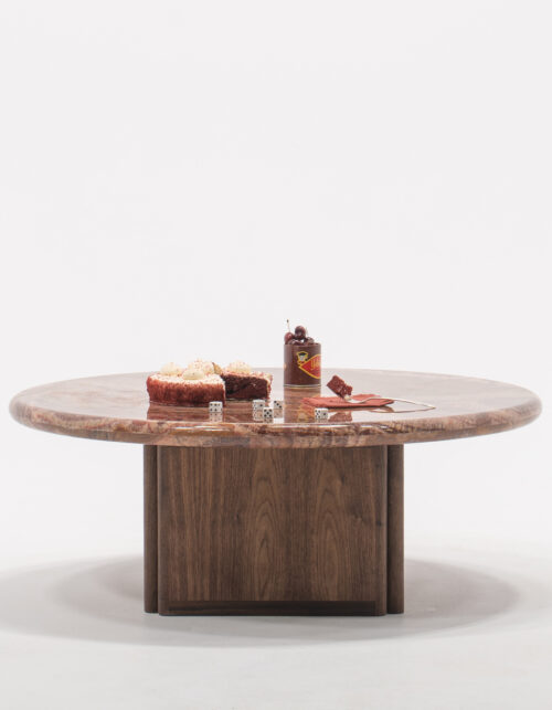 Round Coffee Table with Red Onyx Top and Walnut Pedestal Base