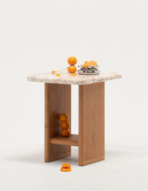 Rectangle Side Table with Golden Spider Marble Top and Cherry H-Base